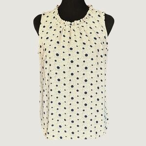 Talbots Pink & Navy Polka Dot Sleeveless Ruffle Neck Blouse, Medium, Lightweight